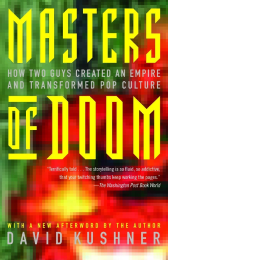 Book cover with the words Masters of Doom written in tall yellow characters, on a pixelated red and green background.